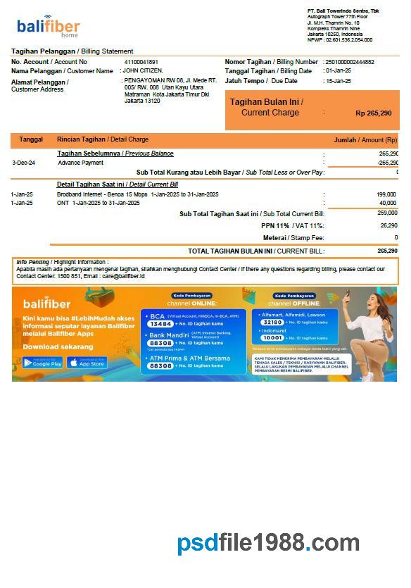 Indonesia Balifiber Utility Bill